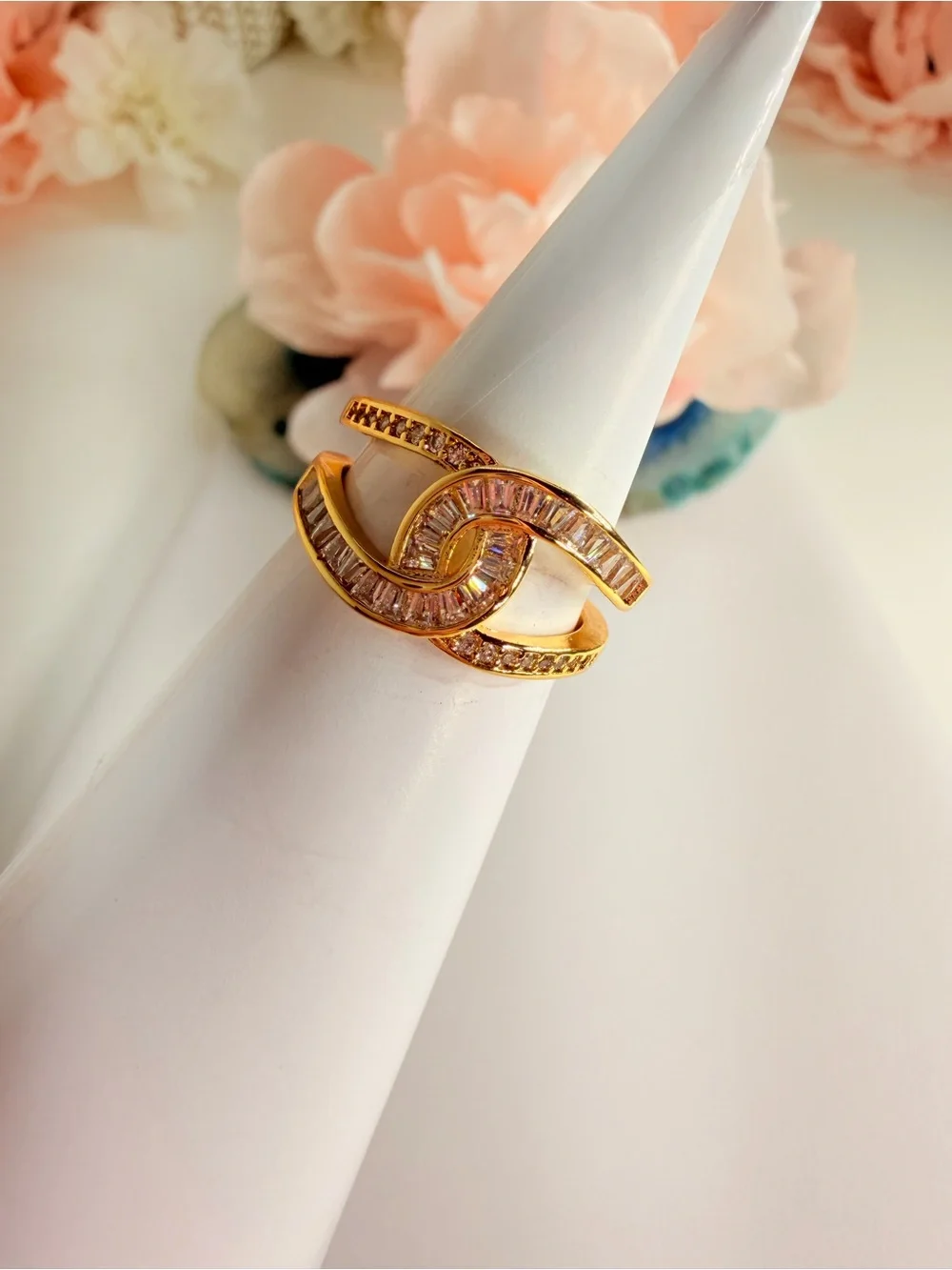 Gold-Tone Pink Baguette Crystal Wave Ring